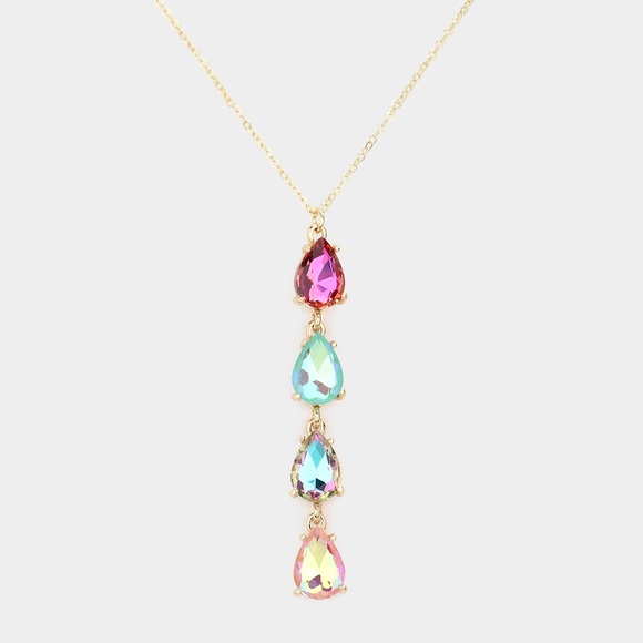 Gold multi color Teardrop stone link fashion dangle necklace - Picture 2 of 3